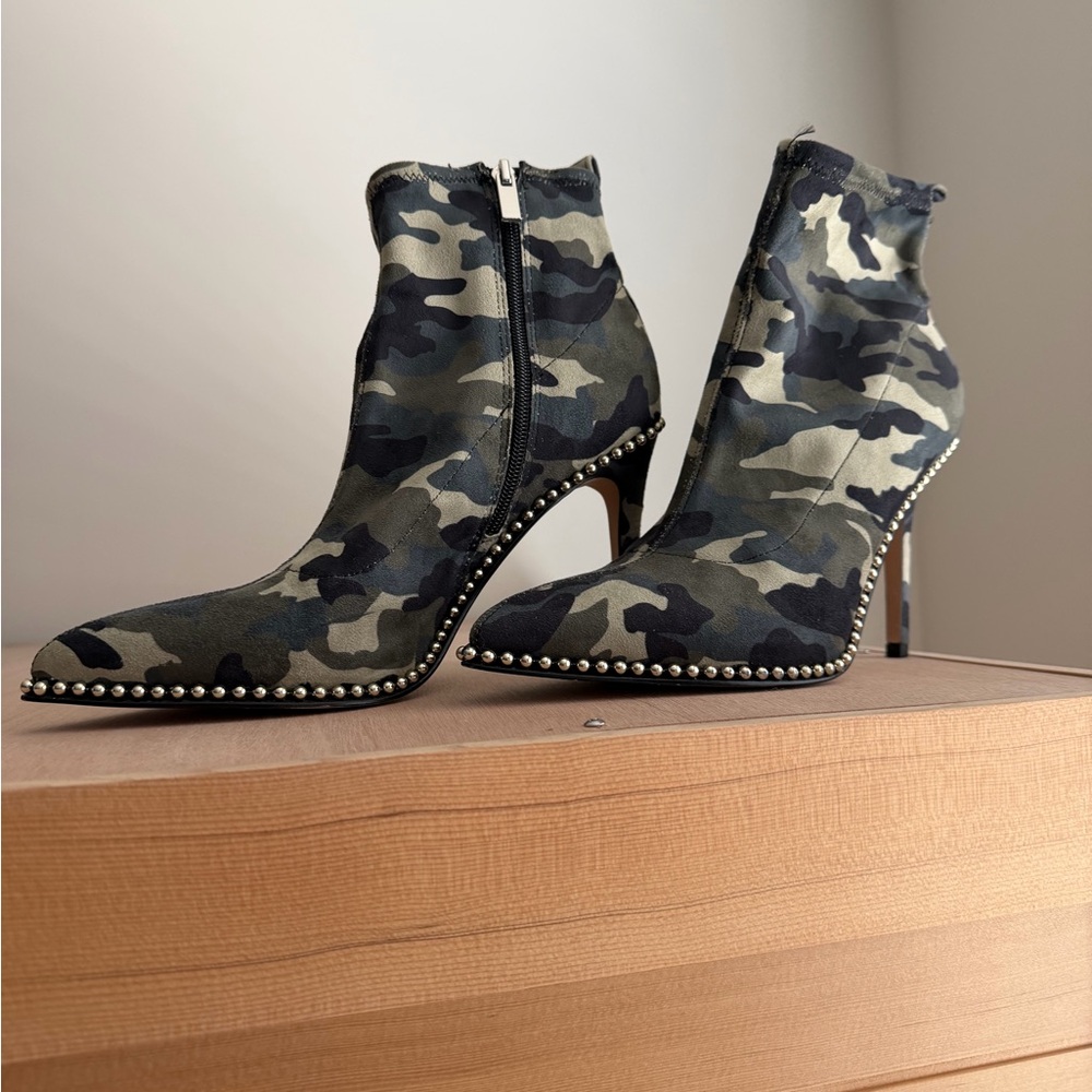 BCBG Camouflage Pointed-Toe Ankle Boots with Stud Trim